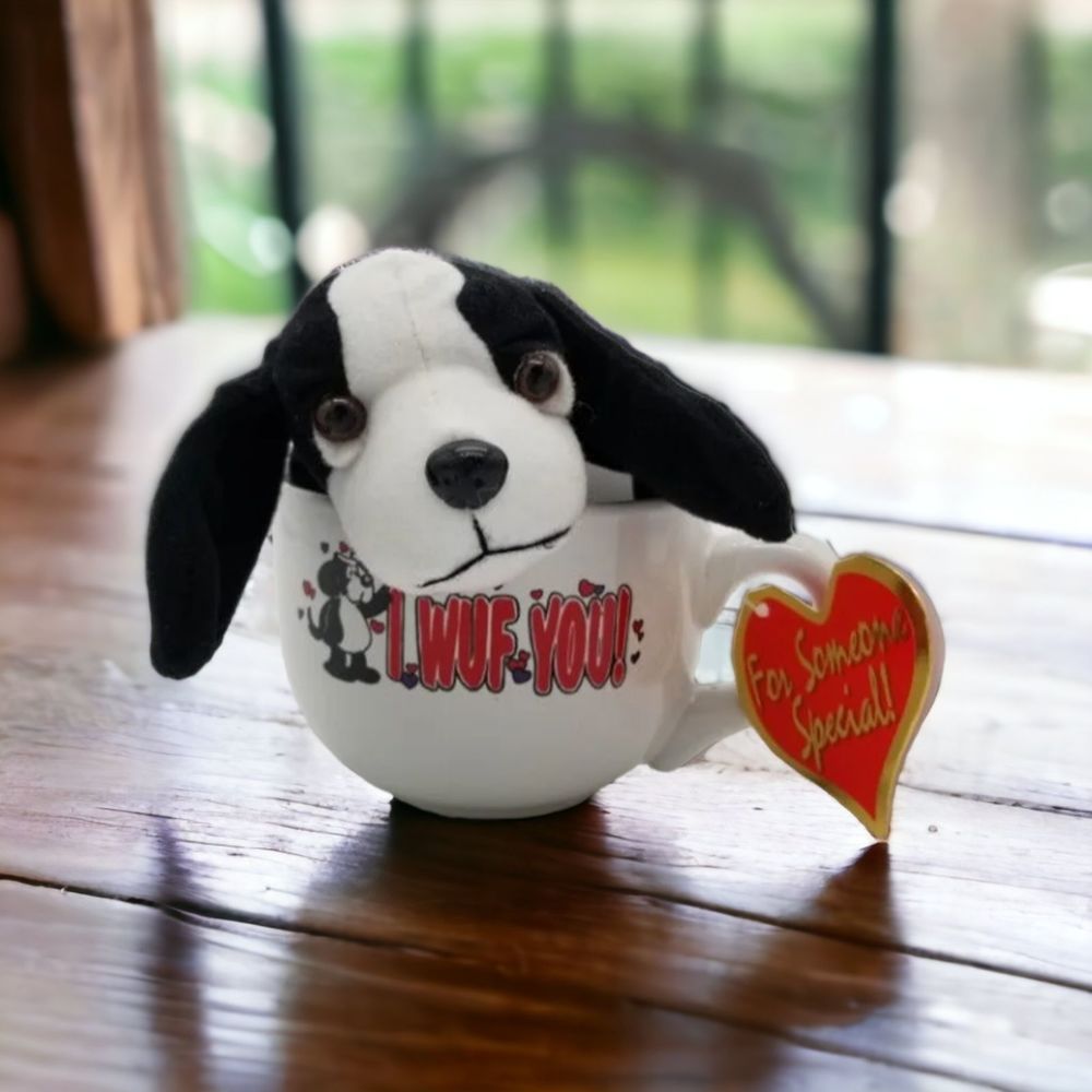 Coffee Tea Mug Puppy Dog Bean Bag Plush Toy Jumbo 1998 Valentine I WUF YOU!